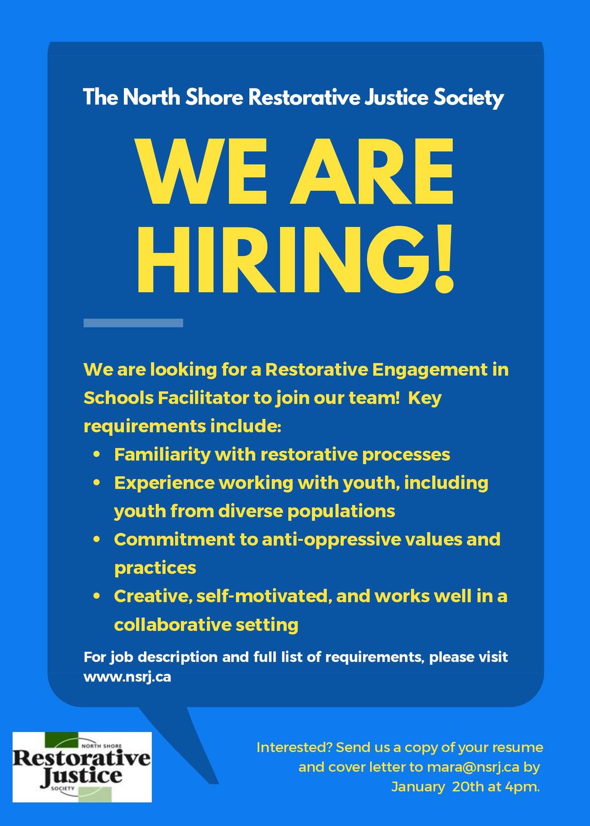 Restorative Engagement in Schools Facilitator job posting. CLOSED. North Shore Restorative